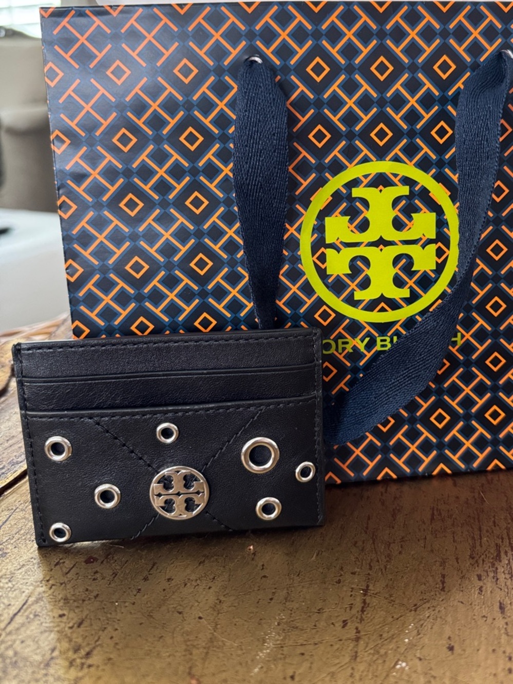 Tory Burch Black Leather Grommet Card Holder with Silver Logo